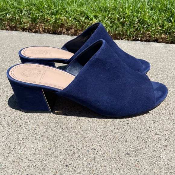 EUC Tory Burch Peep Mule Sandals Navy Blue Suede Size 7.5 - Picture 6 of 13
